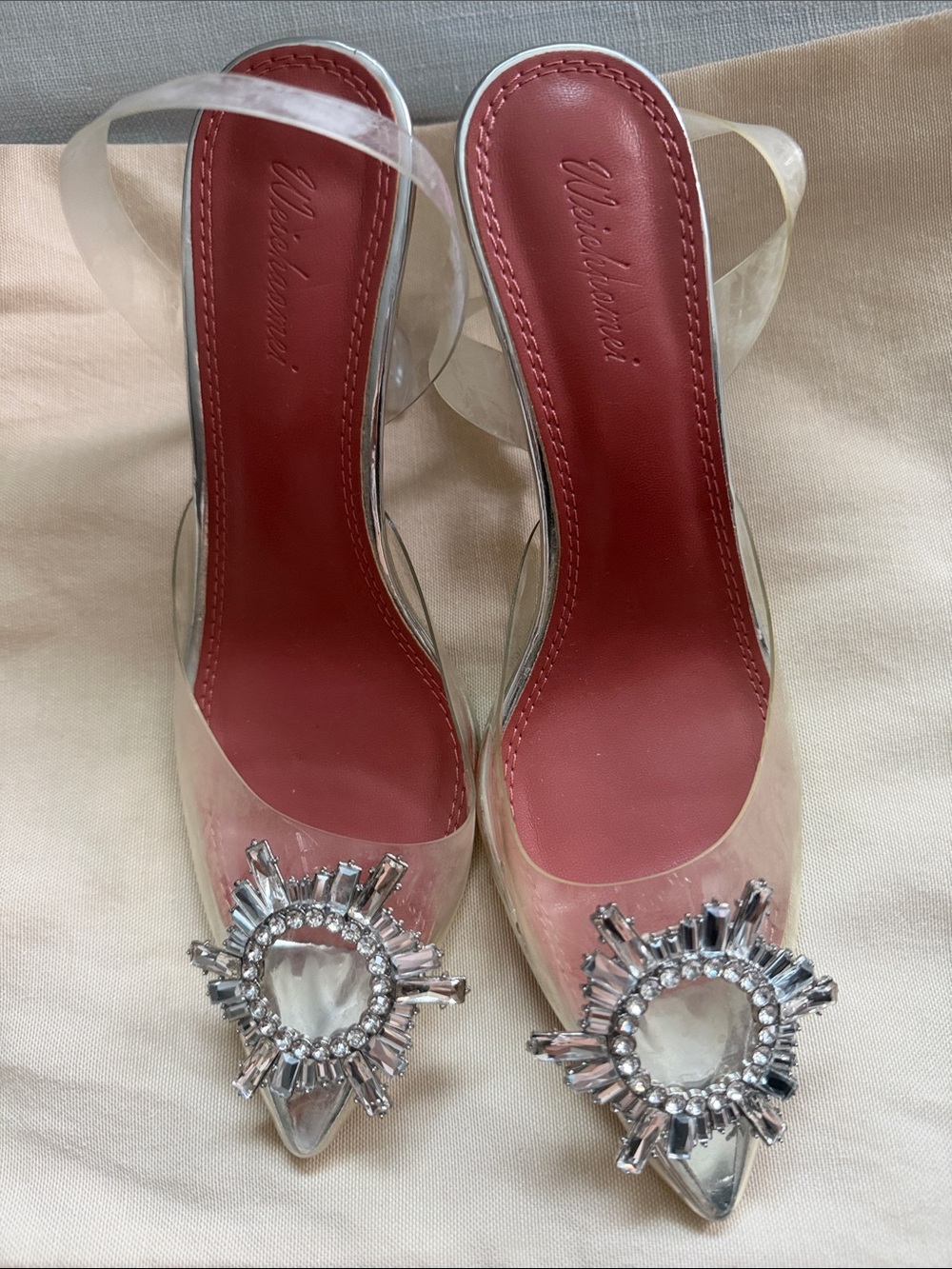Weichasmei Transparent Crystal Medallions Slingback Pointed Toe Heels Size 39
